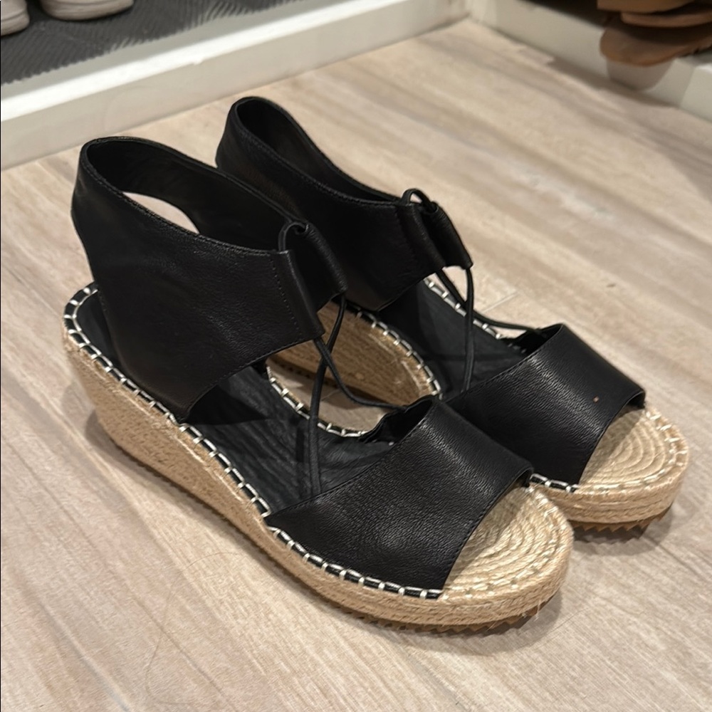 Eileen Fisher Black Leather Espadrille Wedges